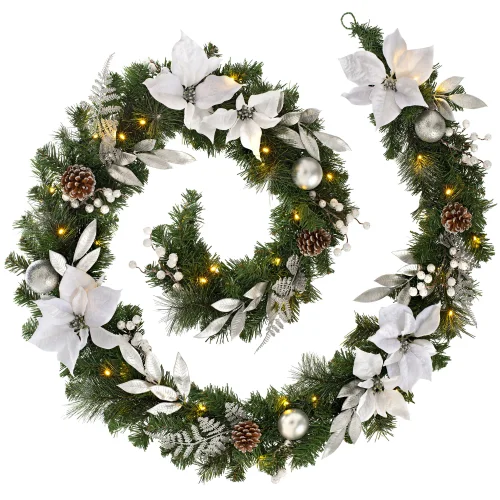 WeRChristmas Multi-Colour Pre-Lit Silver And White Decorated Artificial Christmas Garland 40 Warm White Leds 9 Ft - One Size Image 1