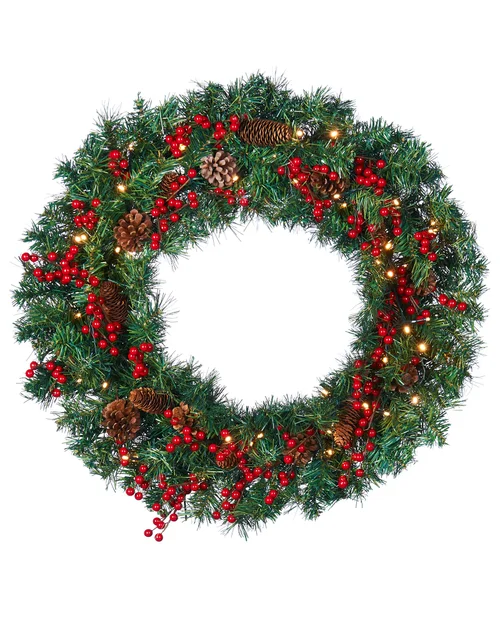 WeRChristmas Red Pre-Lit Artificial Christmas Wreath With Pinecones And Red Berries 50 Warm White Leds 76 Cm - No Size Image 1