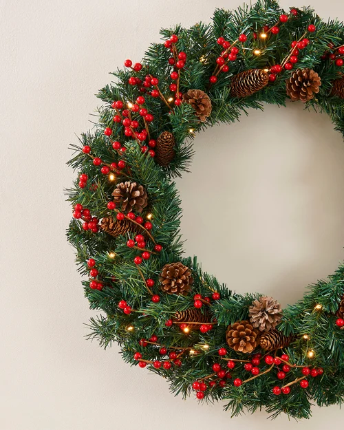 WeRChristmas Red Pre-Lit Artificial Christmas Wreath With Pinecones And Red Berries 50 Warm White Leds 76 Cm - No Size Image 3