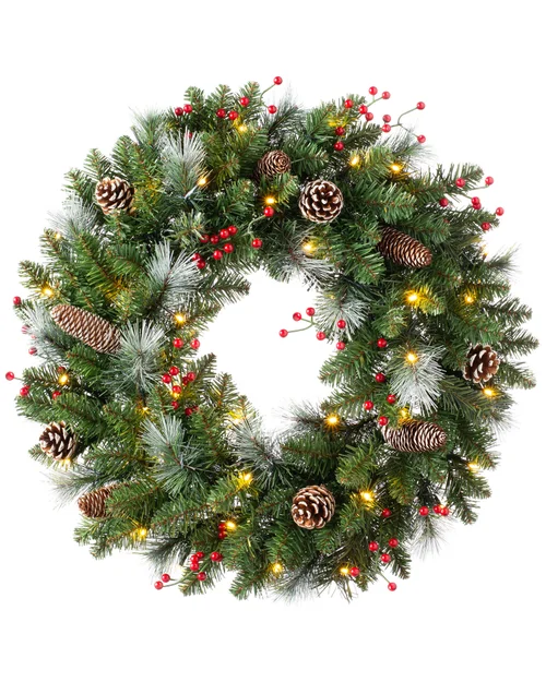 WeRChristmas Red Pre-Lit Frosted Artificial Christmas Wreath With Pinecones And Red Berries 40 Warm White Leds 60 Cm - No Size Image 1