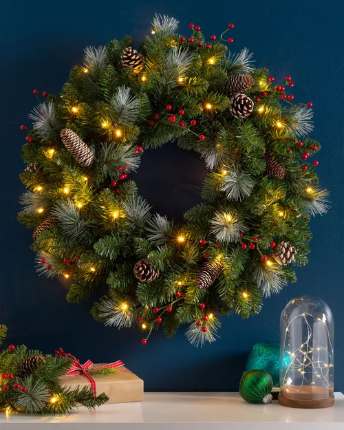 WeRChristmas Red Pre-Lit Frosted Artificial Christmas Wreath With Pinecones And Red Berries 40 Warm White Leds 60 Cm - No Size Image 2