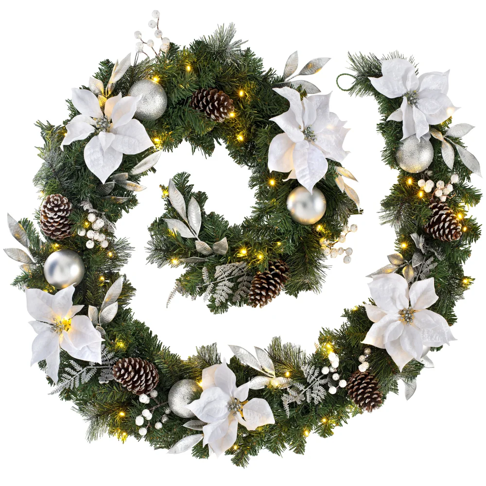 WeRChristmas Multi-Colour Pre-Lit Extra-Thick Silver And White Decorated Artificial Christmas Garland 80 Warm White Leds 9 Ft - No Size Image 1