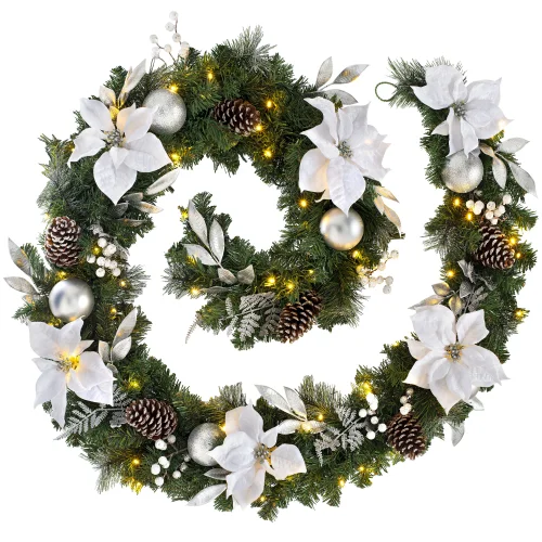 WeRChristmas Multi-Colour Pre-Lit Extra-Thick Silver And White Decorated Artificial Christmas Garland 80 Warm White Leds 9 Ft - No Size Image 1