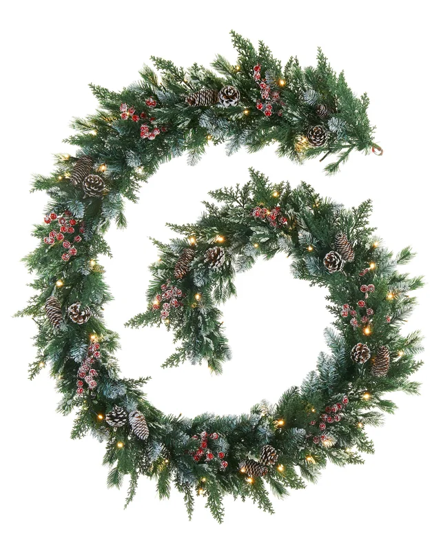 WeRChristmas Green And White Pre-Lit Snow-Flocked Mixed-Tip Artificial Christmas Garland 80 Warm White Leds 9 Ft
