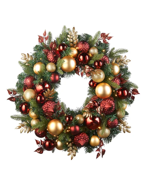 WeRChristmas Multi-Colour Pre-Lit Artificial Christmas Wreath With Burgundy & Gold Baubles 60 Warm White Leds 76 Cm - No Size Image 1