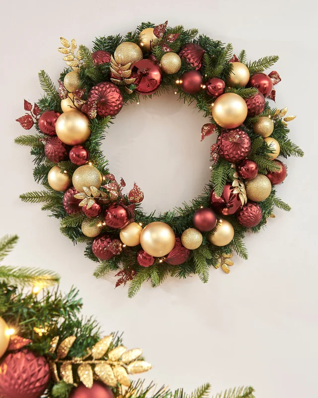 WeRChristmas Multi-Colour Pre-Lit Artificial Christmas Wreath With Burgundy & Gold Baubles 60 Warm White Leds 76 Cm
