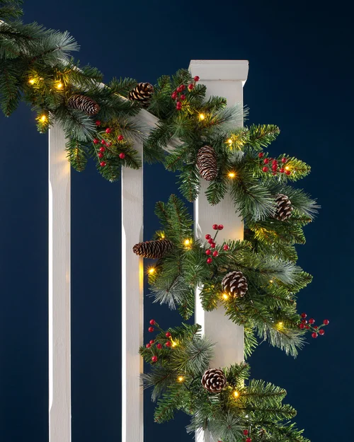 WeRChristmas Green Pre-Lit Frosted Artificial Christmas Garland With Pinecones And Berries 60 Warm White Leds 9 Ft - No Size Image 3
