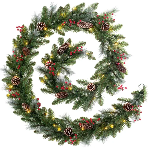 WeRChristmas Green Pre-Lit Frosted Artificial Christmas Garland With Pinecones And Berries 60 Warm White Leds 9 Ft - No Size Image 1