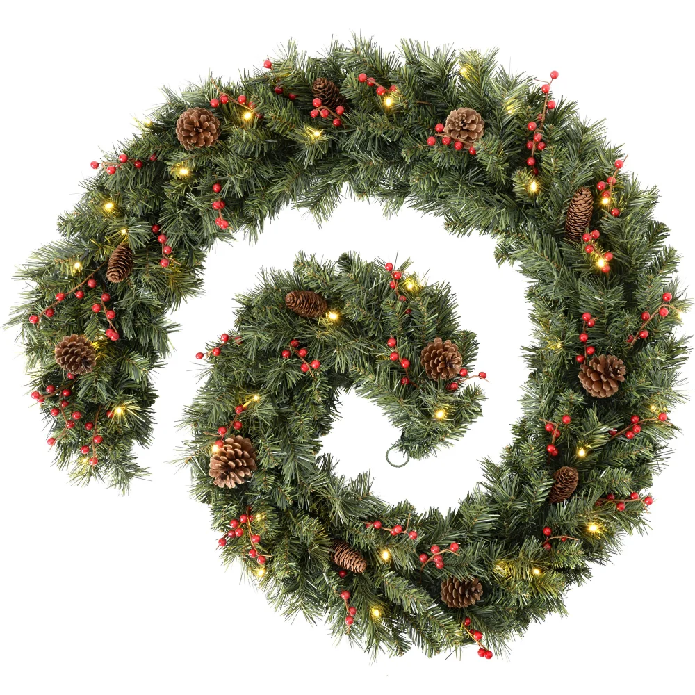WeRChristmas Green Pre-Lit Extra-Thick Artificial Christmas Garland With Pinecones And Berries 80 Warm White Leds 9 Ft - No Size Image 1