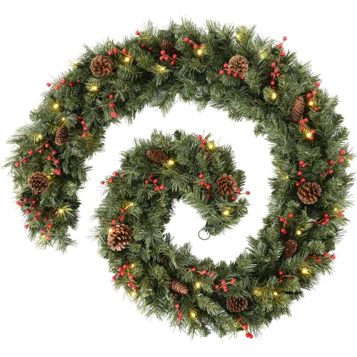 WeRChristmas Green Pre-Lit Extra-Thick Artificial Christmas Garland With Pinecones And Berries 80 Warm White Leds 9 Ft - No Size Image 1