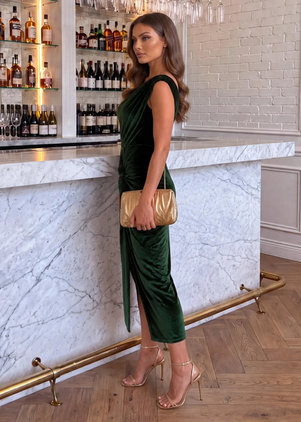 AX Paris Green Velvet Off The Shoulder Knot Midi Dress - 8 Image 3