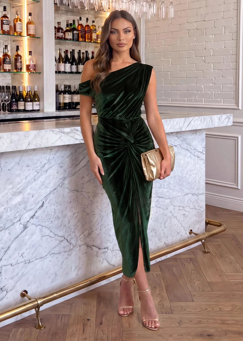 AX Paris Green Velvet Off The Shoulder Knot Midi Dress - 8 Image 1
