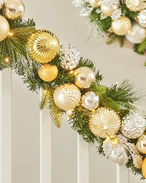 WeRChristmas Multi-Colour Pre-Lit Artificial Christmas Garland With Silver & Gold Baubles 100 Warm White Leds 9 Ft - No Size Image 1