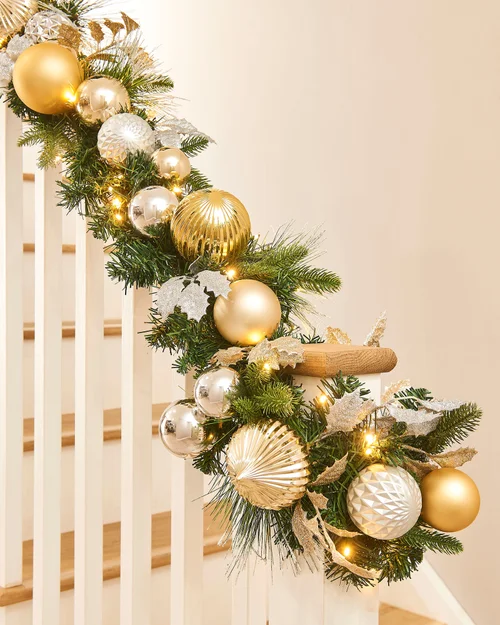 WeRChristmas Multi-Colour Pre-Lit Artificial Christmas Garland With Silver & Gold Baubles 100 Warm White Leds 9 Ft - No Size Image 3