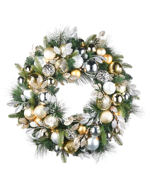 WeRChristmas Multi-Colour Pre-Lit Artificial Christmas Wreath With Silver & Gold Baubles 60 Warm White Leds 76 Cm - No Size Image 1