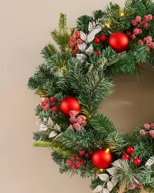 WeRChristmas Multi-Colour Pre-Lit Frosted Red & White Decorated Artificial Christmas Wreath 20 Warm White Leds 60 Cm - No Size Image 3