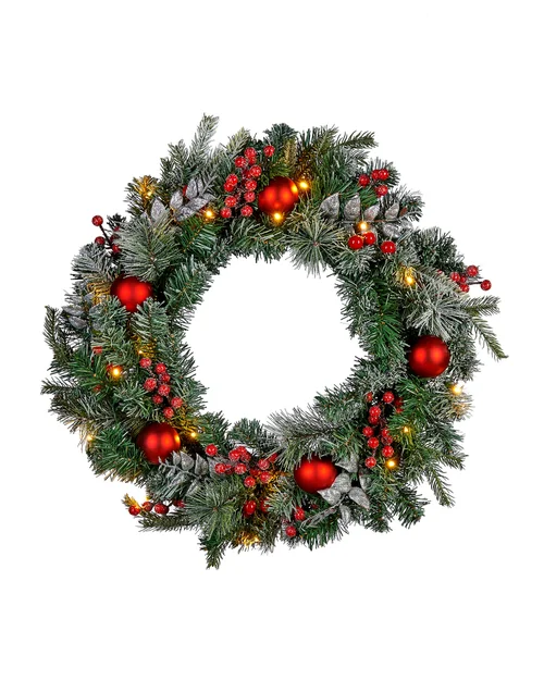 WeRChristmas Multi-Colour Pre-Lit Frosted Red & White Decorated Artificial Christmas Wreath 20 Warm White Leds 60 Cm - No Size Image 1
