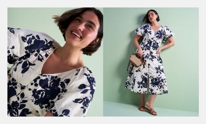Spring Occasionwear. Model wearing a white and navy floral midi dress with a v-nack and puff short sleeves. This is paired with a straw and brown bag and matching brown sandals.