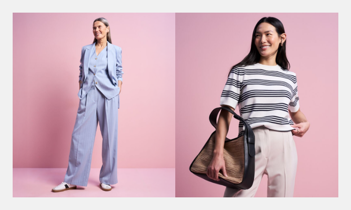 A spring workwear outfit with a woman wearing a baby blue suit with blazer, longline waistcoat and wide leg trousers.