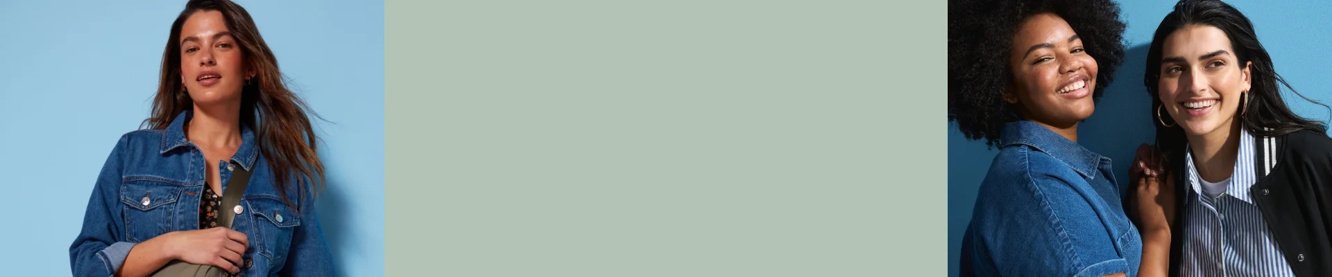 Close up of two woman. One wearing a denim top and one wearing a shirt and bomber jacket